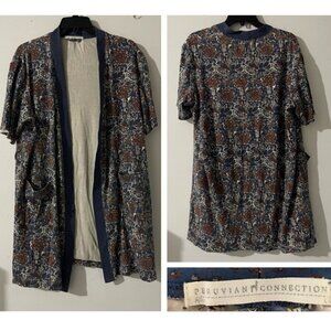 Peruvian Connection Blue Brown Floral Kimono Leisure Jacket with Pockets 22582